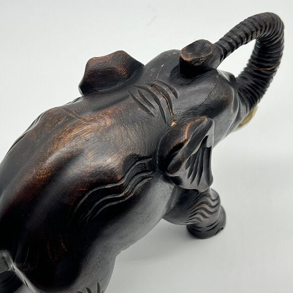 Vintage Wooden Elephant Hand Carved 6x9" Detailed Art Sculpture 1950s Figurine - Picture 12 of 16